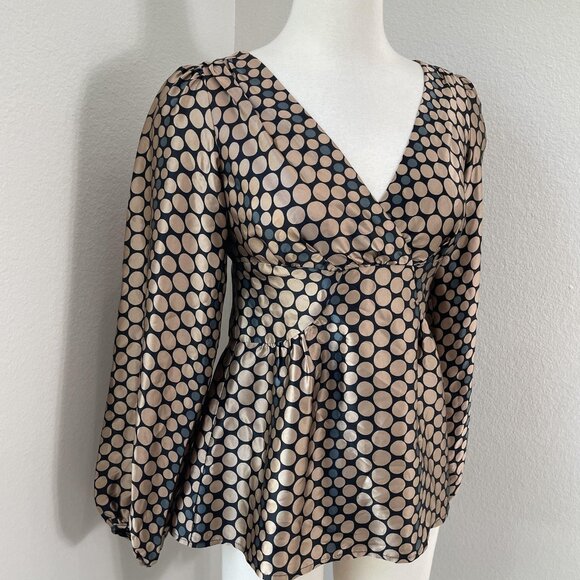Nanette Lepore Blouse Womens 2 Black Beige Polka Dot Silk Balloon Sleeve Top USA - Picture 2 of 13